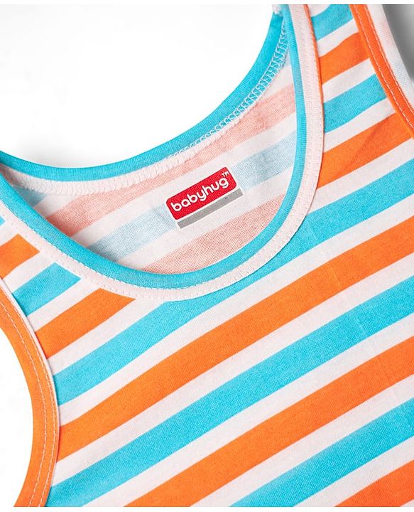 Babyhug 100% Cotton Single Jersey Knit Sleeveless Sando & Shorts Set With Stripes - Orange & Light Blue