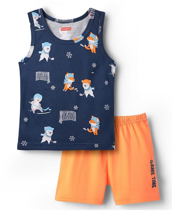 Babyhug 100% Cotton Single Jersey Knit Sleeveless Sando & Shorts Set With Animal Print - Navy Blue & Orange
