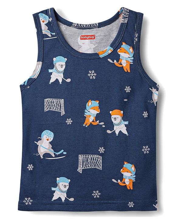 Babyhug 100% Cotton Single Jersey Knit Sleeveless Sando & Shorts Set With Animal Print - Navy Blue & Orange