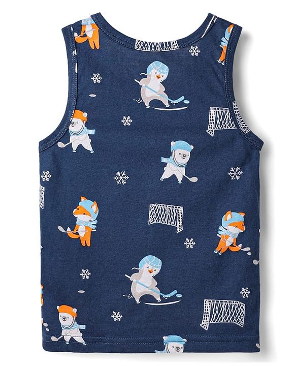 Babyhug 100% Cotton Single Jersey Knit Sleeveless Sando & Shorts Set With Animal Print - Navy Blue & Orange