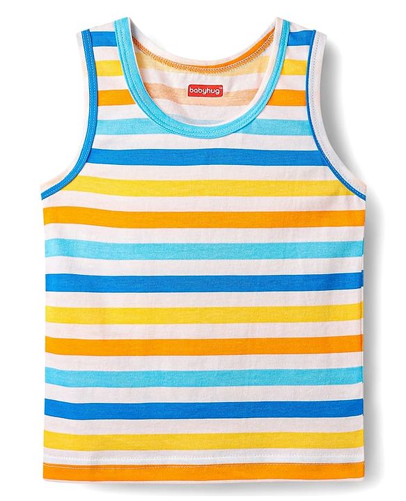 Babyhug 100% Cotton Single Jersey Knit Sleeveless Sando & Shorts Set With Stripes - Yellow & Orange