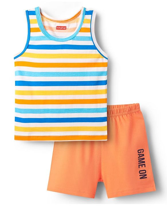 Babyhug 100% Cotton Single Jersey Knit Sleeveless Sando & Shorts Set With Stripes - Yellow & Orange