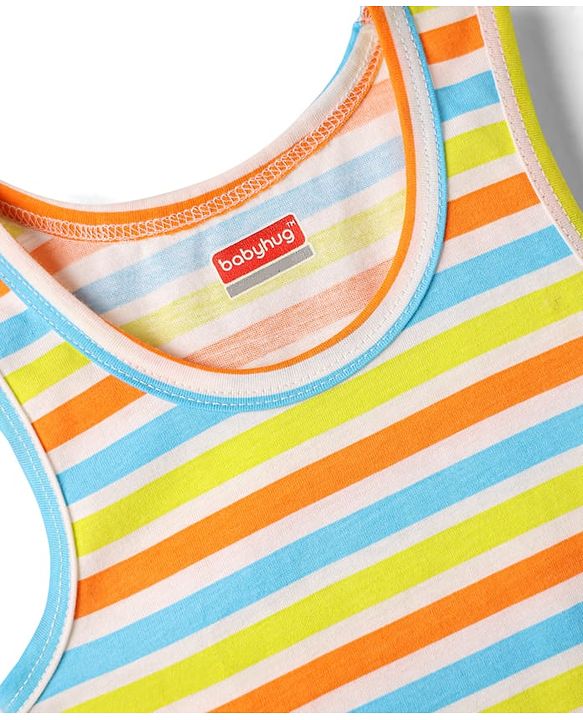 Babyhug 100% Cotton Single Jersey Knit Sleeveless Sando & Shorts Set With Stripes - Blue & Lime