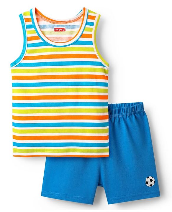 Babyhug 100% Cotton Single Jersey Knit Sleeveless Sando & Shorts Set With Stripes - Blue & Lime