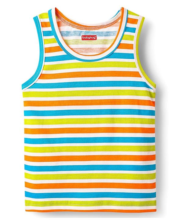 Babyhug 100% Cotton Single Jersey Knit Sleeveless Sando & Shorts Set With Stripes - Blue & Lime