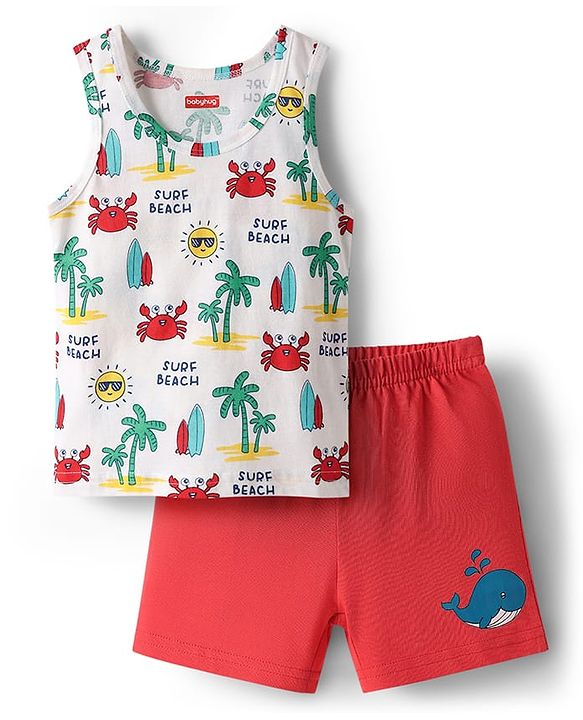 Babyhug 100% Cotton Single Jersey Knit Sleeveless Sando & Shorts Set With Beach Theme Print - Red & White