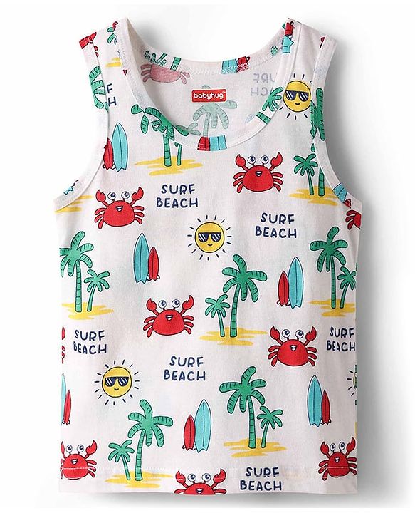 Babyhug 100% Cotton Single Jersey Knit Sleeveless Sando & Shorts Set With Beach Theme Print - Red & White