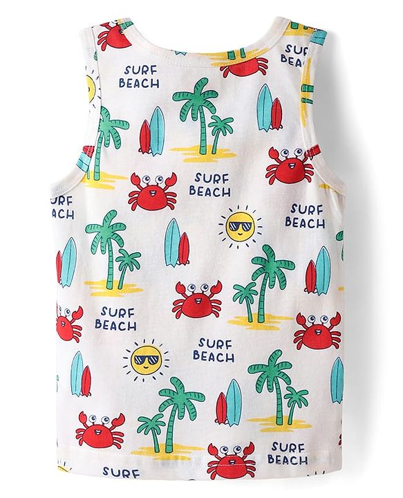 Babyhug 100% Cotton Single Jersey Knit Sleeveless Sando & Shorts Set With Beach Theme Print - Red & White