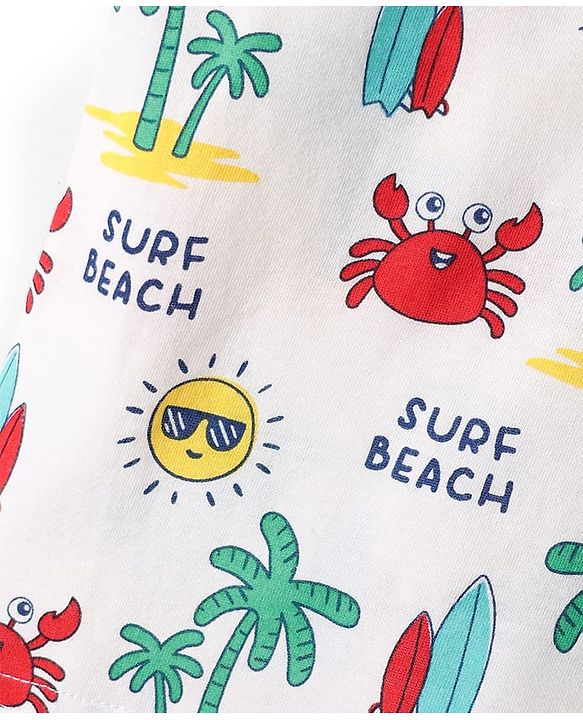 Babyhug 100% Cotton Single Jersey Knit Sleeveless Sando & Shorts Set With Beach Theme Print - Red & White