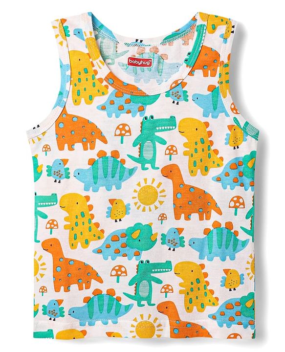 Babyhug 100% Cotton Single Jersey Knit Sleeveless Sando & Shorts Set With Dino Print - Yellow & White