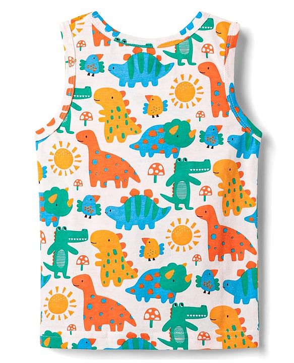 Babyhug 100% Cotton Single Jersey Knit Sleeveless Sando & Shorts Set With Dino Print - Yellow & White