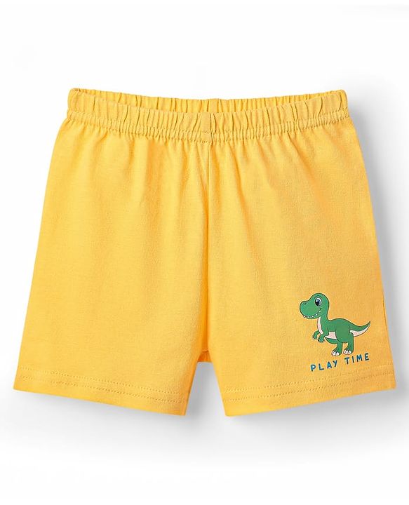 Babyhug 100% Cotton Single Jersey Knit Sleeveless Sando & Shorts Set With Dino Print - Yellow & White