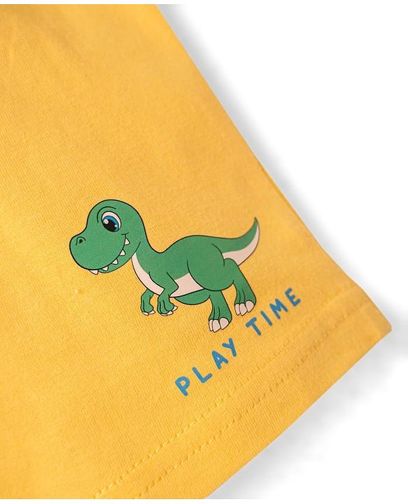 Babyhug 100% Cotton Single Jersey Knit Sleeveless Sando & Shorts Set With Dino Print - Yellow & White