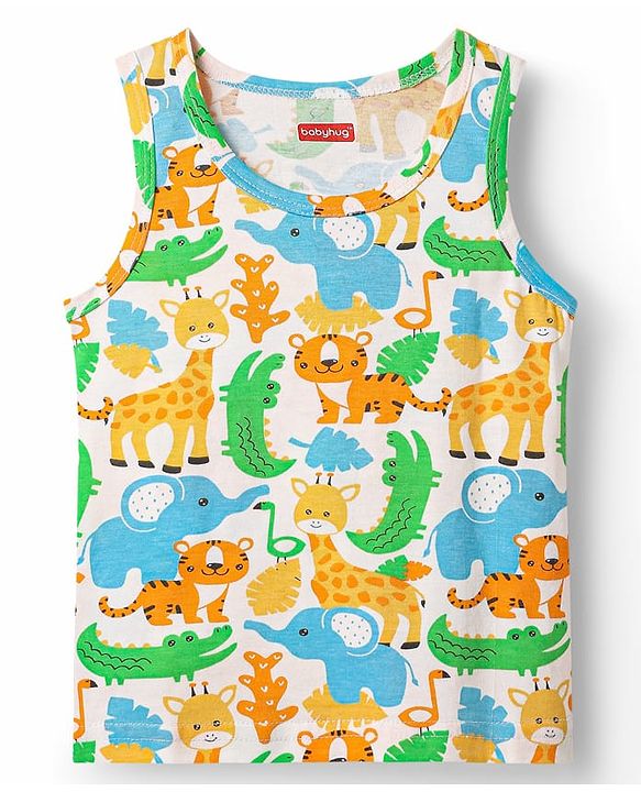 Babyhug 100% Cotton Single Jersey Knit Sleeveless Sando & Shorts Set With Animal Print - White & Light Blue