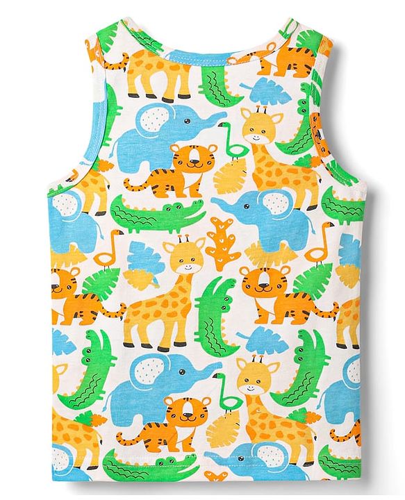 Babyhug 100% Cotton Single Jersey Knit Sleeveless Sando & Shorts Set With Animal Print - White & Light Blue