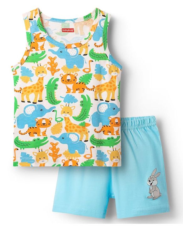 Babyhug 100% Cotton Single Jersey Knit Sleeveless Sando & Shorts Set With Animal Print - White & Light Blue