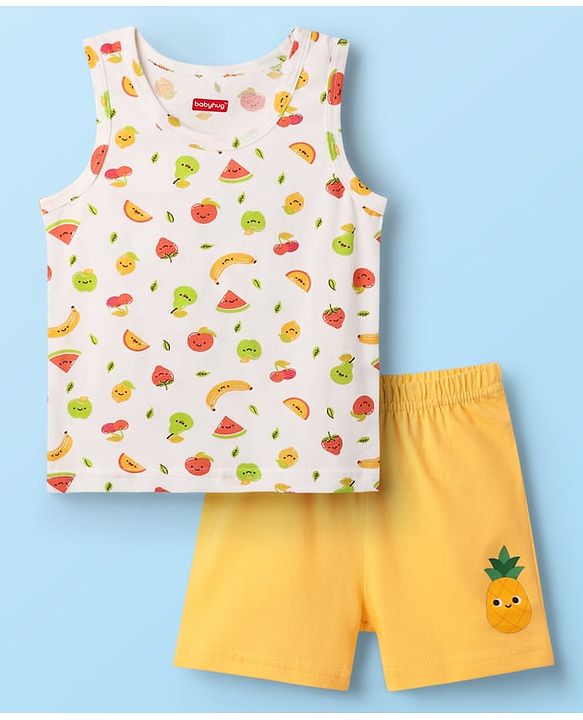 Babyhug 100% Cotton Single Jersey Knit Sleeveless Sando & Shorts Set With Tropical Theme - Yellow & White