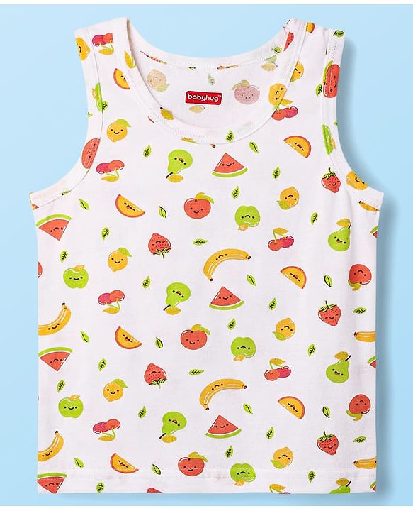 Babyhug 100% Cotton Single Jersey Knit Sleeveless Sando & Shorts Set With Tropical Theme - Yellow & White