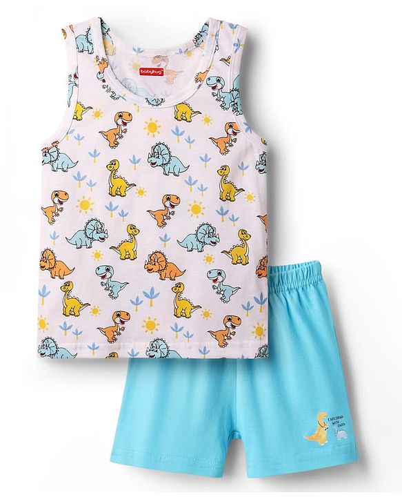 Babyhug 100% Cotton Single Jersey Knit Sleeveless Sando & Shorts Set With Dino Print - White & Light Blue