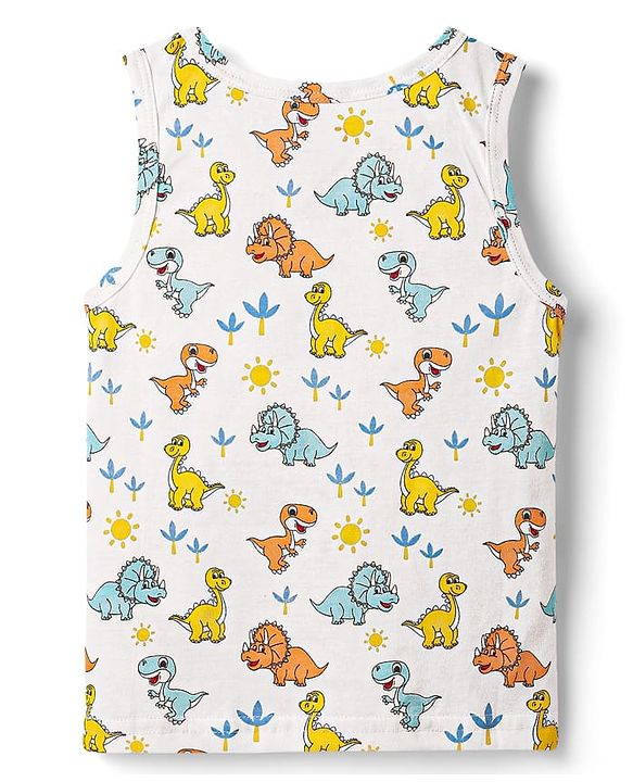 Babyhug 100% Cotton Single Jersey Knit Sleeveless Sando & Shorts Set With Dino Print - White & Light Blue