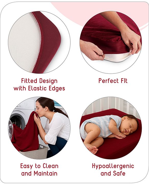 Babyhug 100% Cotton Waterproof Fitted Mattress Protector Cover - Maroon