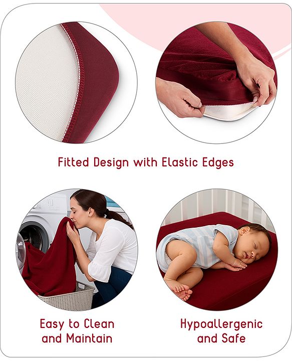 Babyhug 100% Cotton Waterproof Fitted Mattress Protector Cover - Maroon