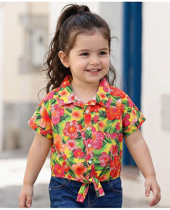 Babyhug Poplin Woven Half Sleeves Collared Knotted Top with Floral Print - Yellow