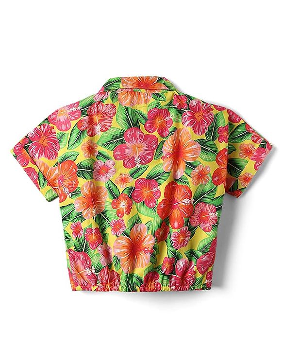Babyhug Poplin Woven Half Sleeves Collared Knotted Top with Floral Print - Yellow