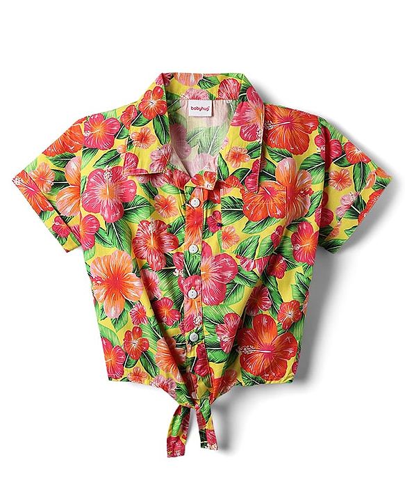 Babyhug Poplin Woven Half Sleeves Collared Knotted Top with Floral Print - Yellow