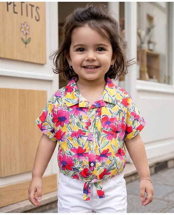 Babyhug Poplin Woven Half Sleeves Collard Knotted Crop Top with Floral Print - Pink