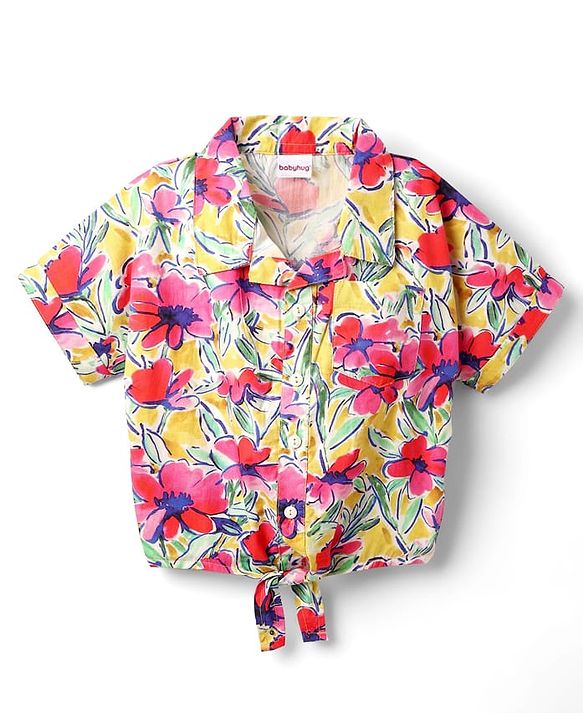 Babyhug Poplin Woven Half Sleeves Collard Knotted Crop Top with Floral Print - Pink