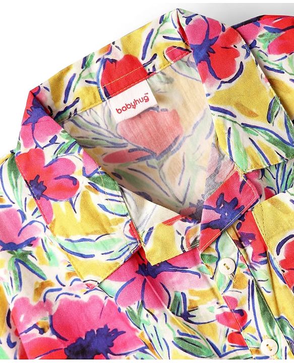 Babyhug Poplin Woven Half Sleeves Collard Knotted Crop Top with Floral Print - Pink