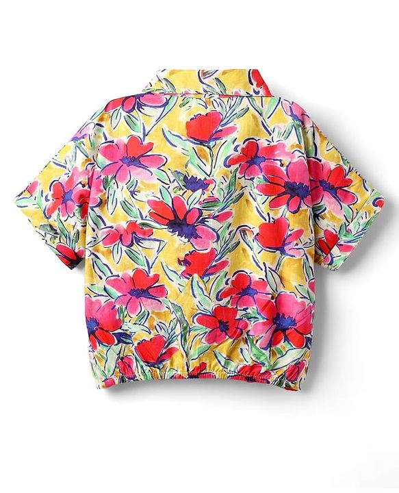 Babyhug Poplin Woven Half Sleeves Collard Knotted Crop Top with Floral Print - Pink