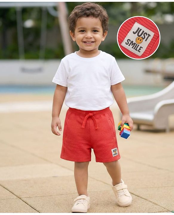 Babyhug Terry Cotton Knit Knee Length Shorts With Text Print - Red