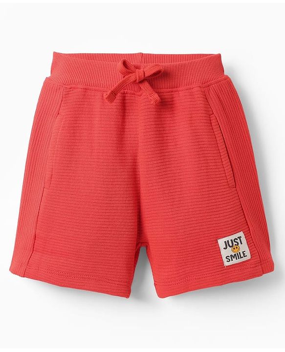 Babyhug Terry Cotton Knit Knee Length Shorts With Text Print - Red