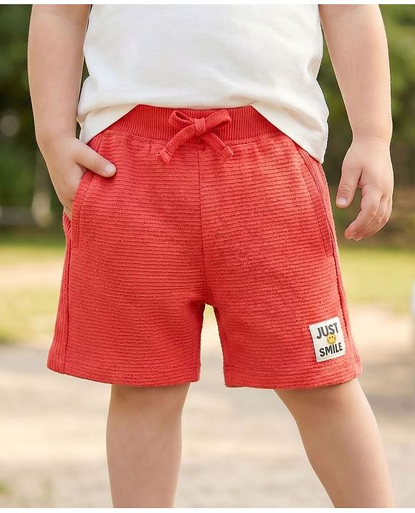 Babyhug Terry Cotton Knit Knee Length Shorts With Text Print - Red