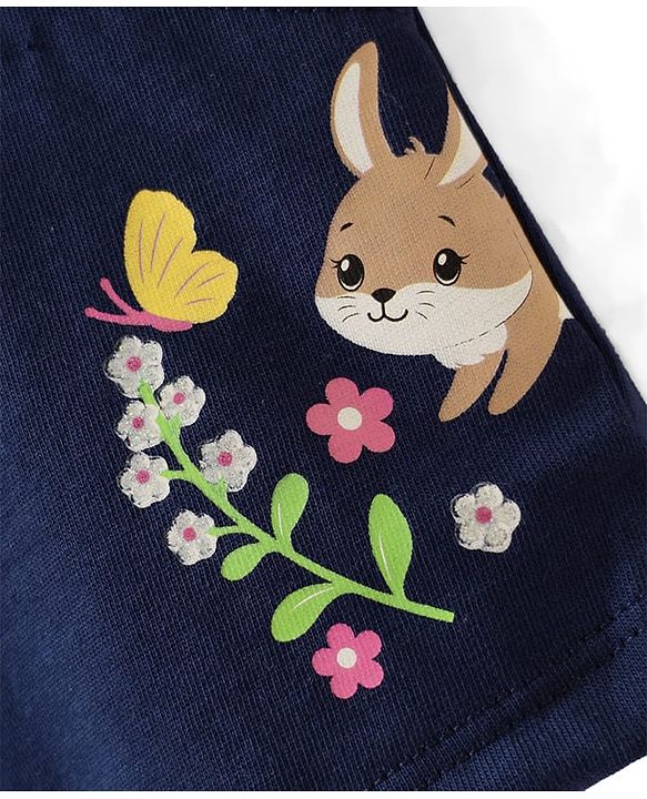 Babyhug Cotton Single Jersey Knit Knee Length Shorts With Bunny & Floral Print - Navy Blue