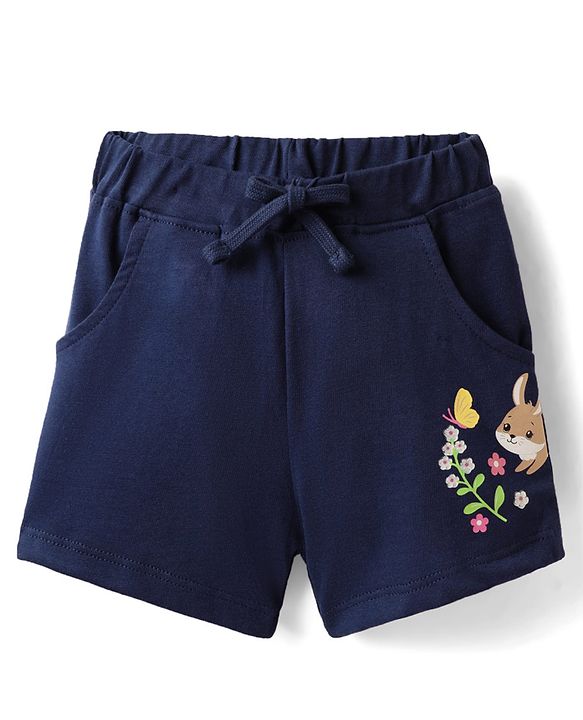 Babyhug Cotton Single Jersey Knit Knee Length Shorts With Bunny & Floral Print - Navy Blue