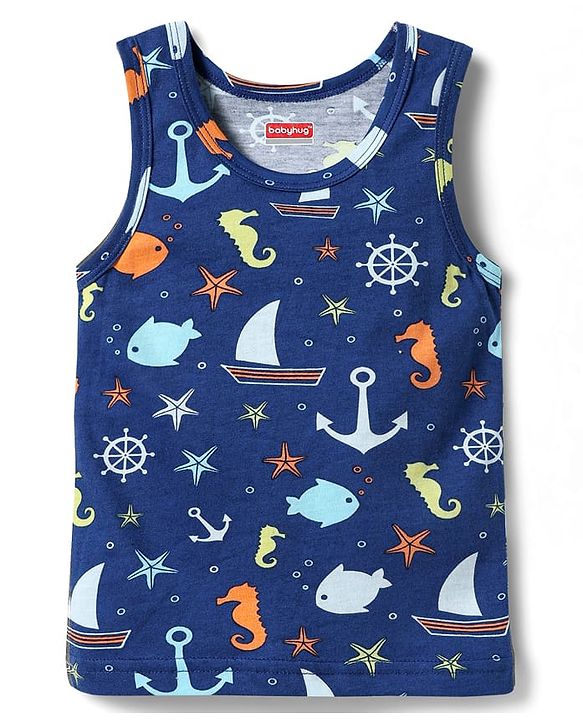 Babyhug 100% Cotton Single Jersey Knit Sleeveless Sando with Fish Print - Blue