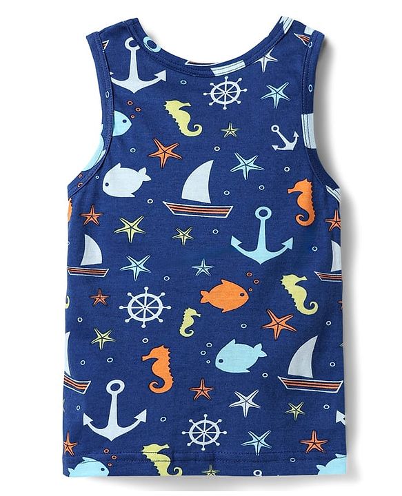 Babyhug 100% Cotton Single Jersey Knit Sleeveless Sando with Fish Print - Blue