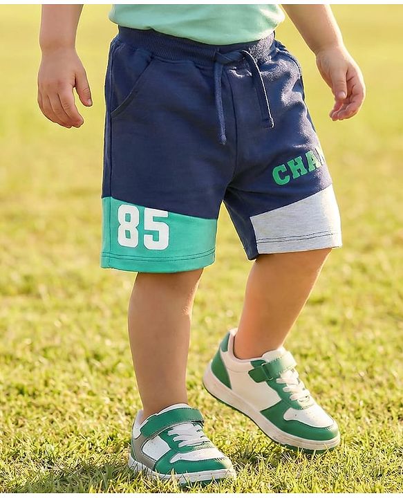 Babyhug Cotton Terry Knit Knee Length Shorts With Text Print - Navy Blue