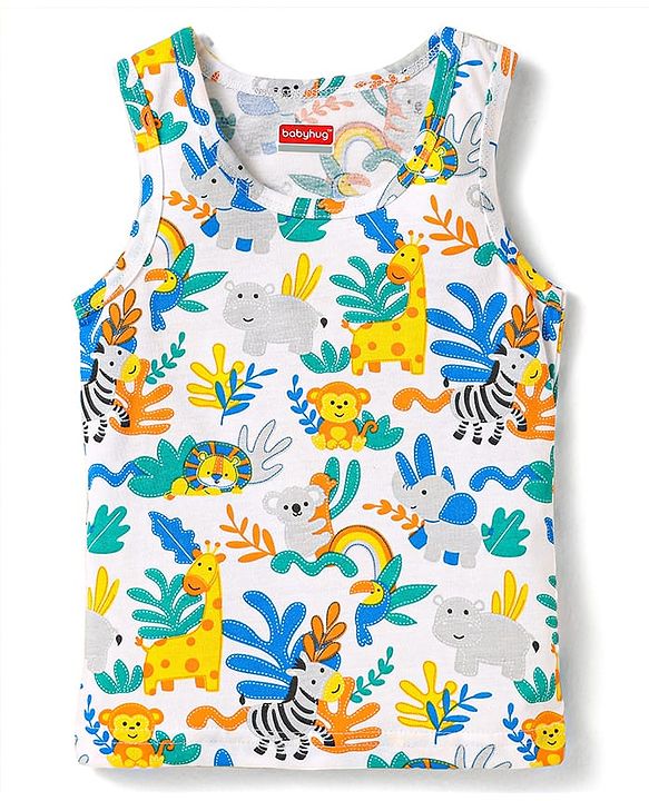 Babyhug 100% Cotton Single Jersey Knit Sleeveless Sando With Animal Print - White