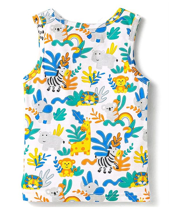 Babyhug 100% Cotton Single Jersey Knit Sleeveless Sando With Animal Print - White