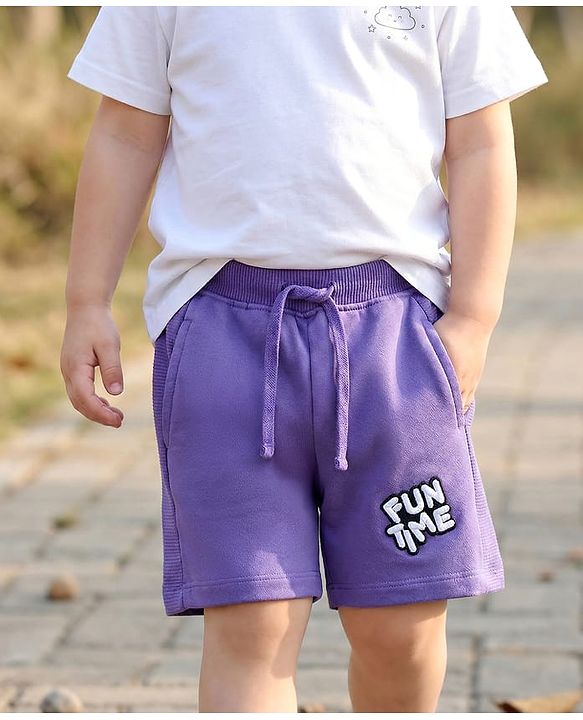 Babyhug Terry Cotton Knit Knee Length Solid Coloured Shorts With Embroidery Detailing - Purple