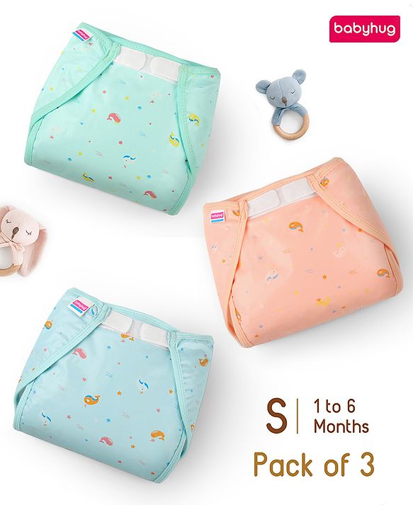 Babyhug Waterproof Both Side Plastic Nappy Small Size Set of 3 - Dolphin Print| Reusable| Easy to Clean and Maintain| Adjustable Velcro Closure