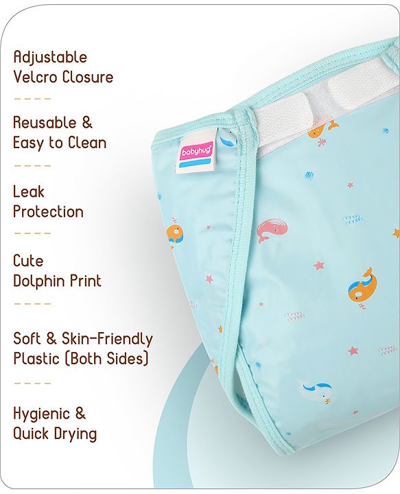 Babyhug Waterproof Both Side Plastic Nappy Small Size Set of 3 - Dolphin Print| Reusable| Easy to Clean and Maintain| Adjustable Velcro Closure