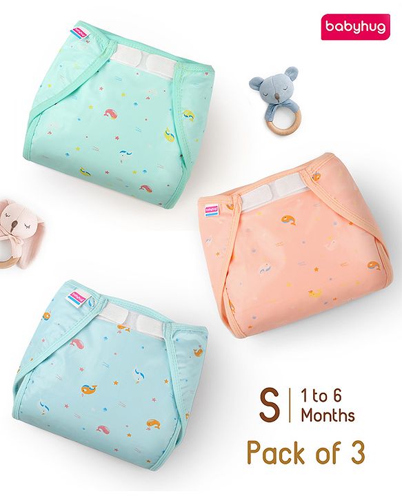 Babyhug Waterproof Nappy with Terry Inner Layer Small Size Set of 3 - Dolphin Print| Reusable| Easy to Clean and Maintain| Adjustable Velcro Closure