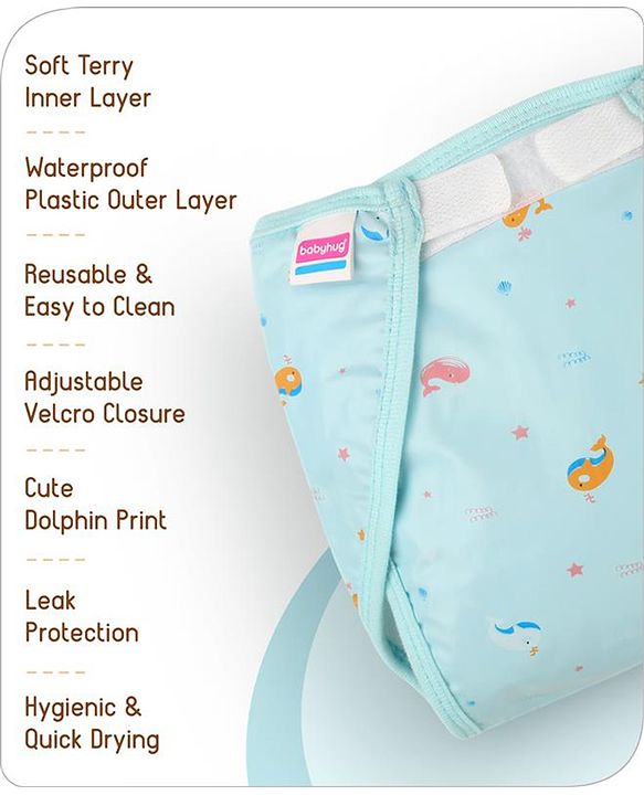 Babyhug Waterproof Nappy with Terry Inner Layer Small Size Set of 3 - Dolphin Print| Reusable| Easy to Clean and Maintain| Adjustable Velcro Closure