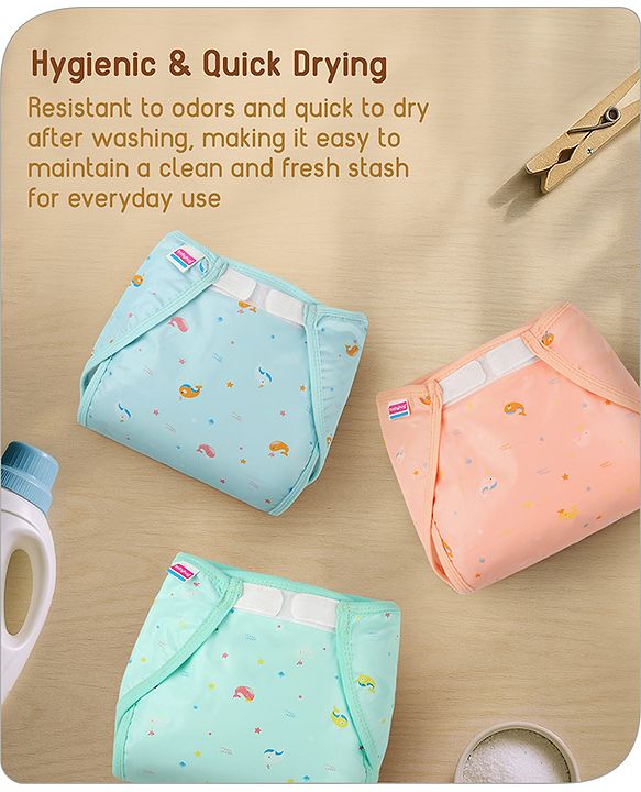 Babyhug Waterproof Nappy with Terry Inner Layer Small Size Set of 3 - Dolphin Print| Reusable| Easy to Clean and Maintain| Adjustable Velcro Closure