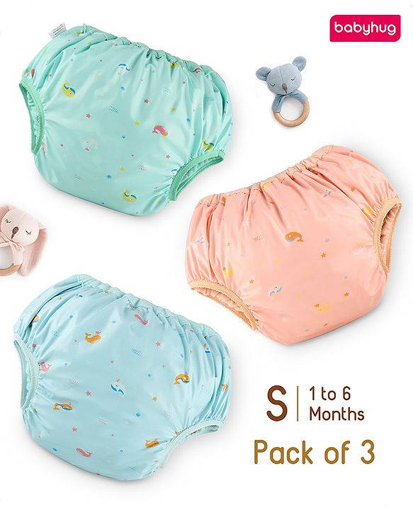 Babyhug Waterproof Pant Style Nappy with Elastic Small Size Set of 3 - Dolphin Print| Reusable| Easy to Clean and Maintain| Leak Proof| Soft Terry Inner Lining